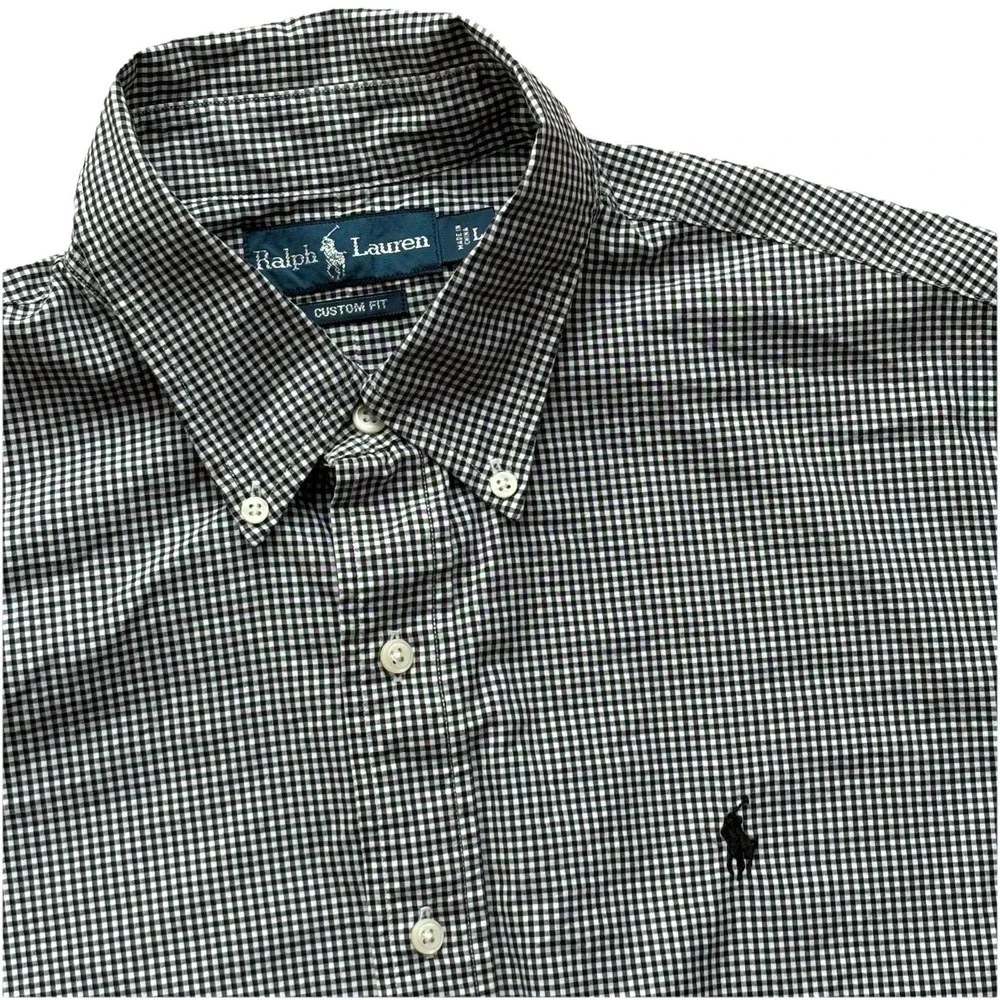 Mens Ralph Lauren Button Down Dress Shirt Black‎ Gingham Horse Polo Logo Sz L